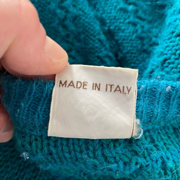 Vintage 80s Teal Wool Blend Mohair Knit Cardigan Pinwheel Buttons Leaf Appliqués - Picture 13 of 14